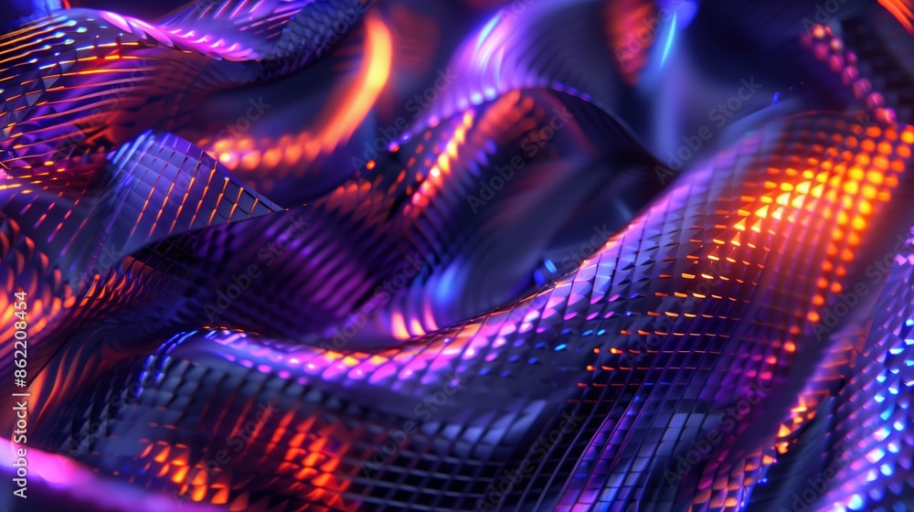 Fototapeta premium Vibrant Neon Light Patterns on Abstract Wavy Mesh Texture for Backgrounds