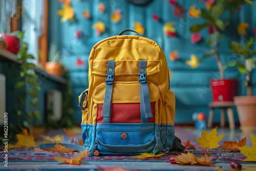 Colorful children's backpack in a colorful classroom with maple leaves on ground for Back to School concept. Generative AI