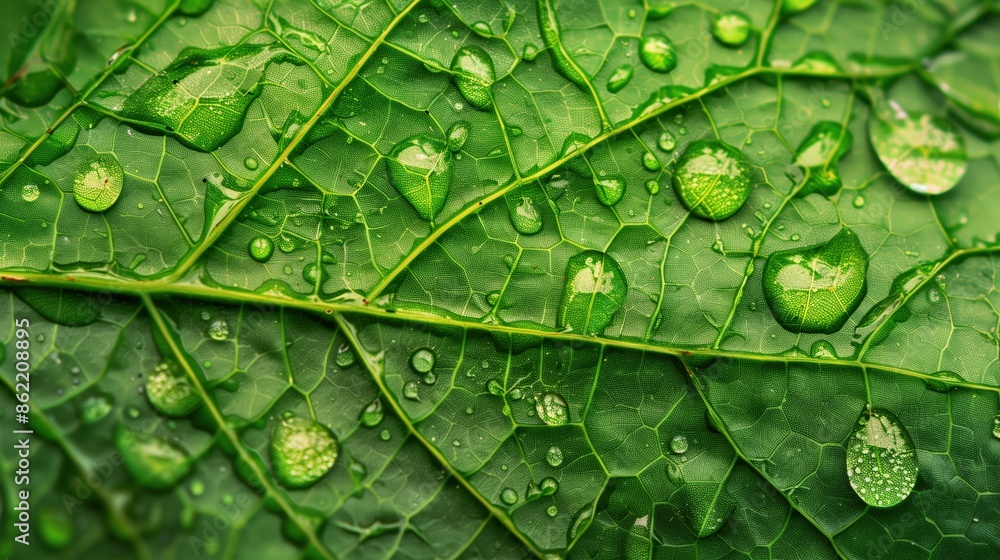 Fototapeta premium Close-up of Vibrant Green Leaf Texture with Raindrops - Nature Detail