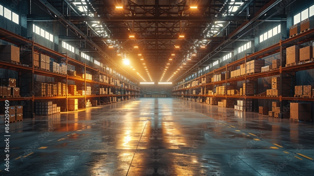 Warehouse or industrial building interior. known as distribution centers, retail warehouses Warehouse or industrial building interior. known as distribution centers, retail warehouses