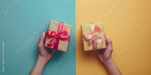 His hand was holding a gift box to exchange.