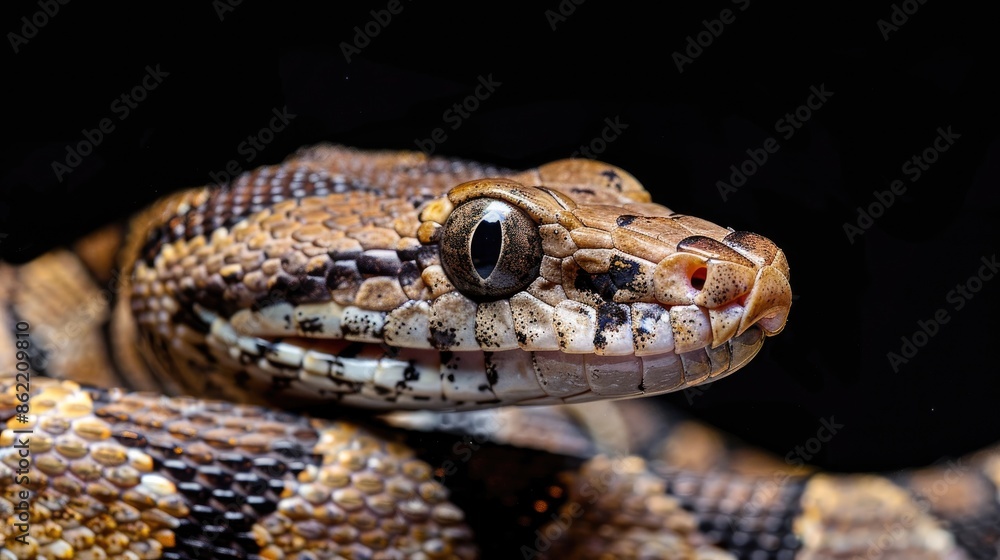 Sand boa with rough scaled skin set against black background Sand boa with rough scaled skin set against black background