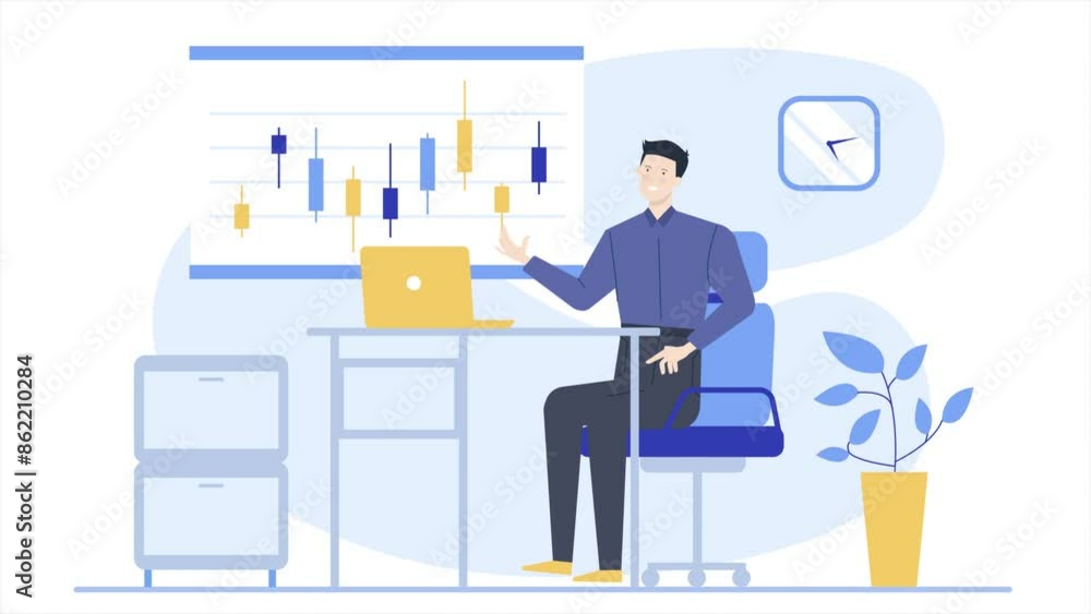 a man presenting about trading concept business animated illustration video a man presenting about trading concept business animated illustration video
