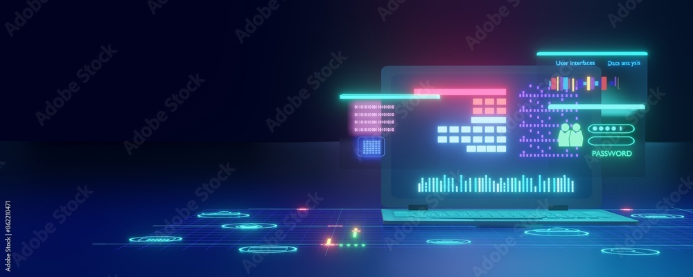 Futuristic Digital Interface with Holographic Elements and Data Visualization on a Laptop Screen Futuristic Digital Interface with Holographic Elements and Data Visualization on a Laptop Screen