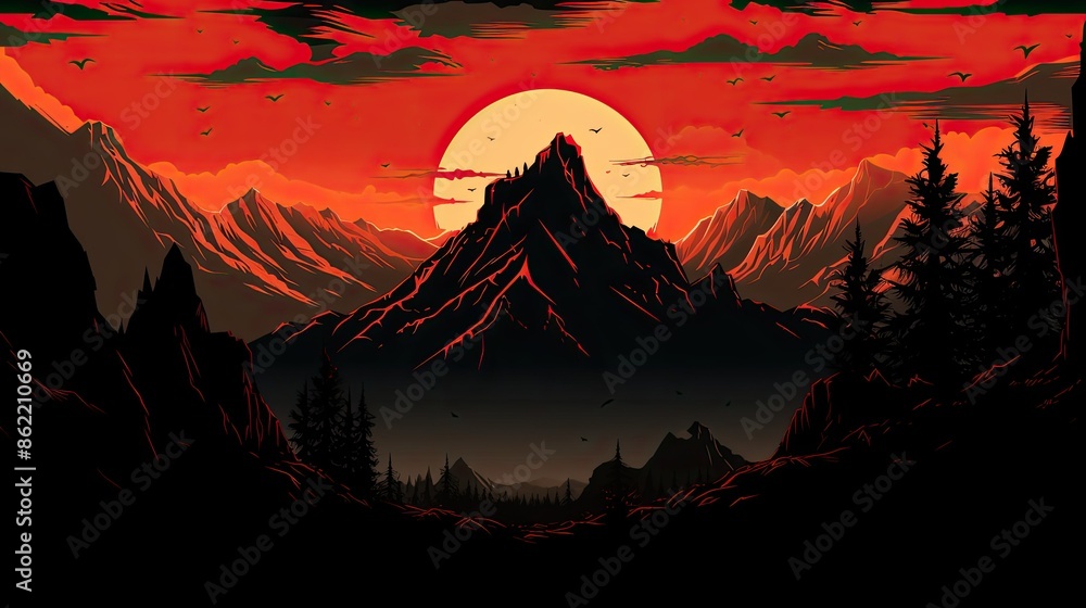 Sinister silhouette of looming mountains Sinister silhouette of looming mountains