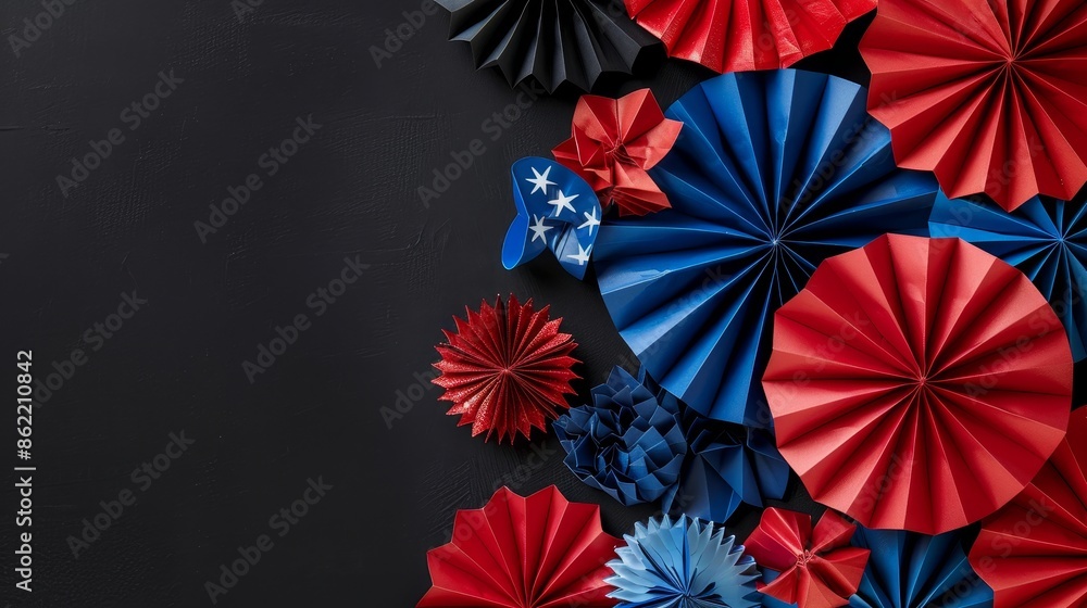 Obraz premium Red, White, and Blue Paper Fan Decorations on Black Background