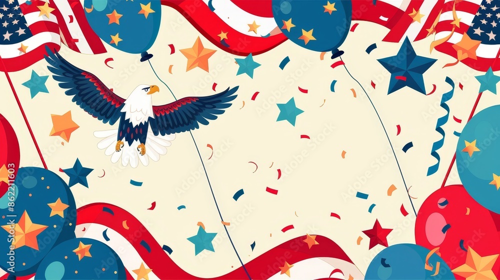 Patriotic Celebration with Bald Eagle, Stars, and Balloons - 4th of July Design Patriotic Celebration with Bald Eagle, Stars, and Balloons - 4th of July Design