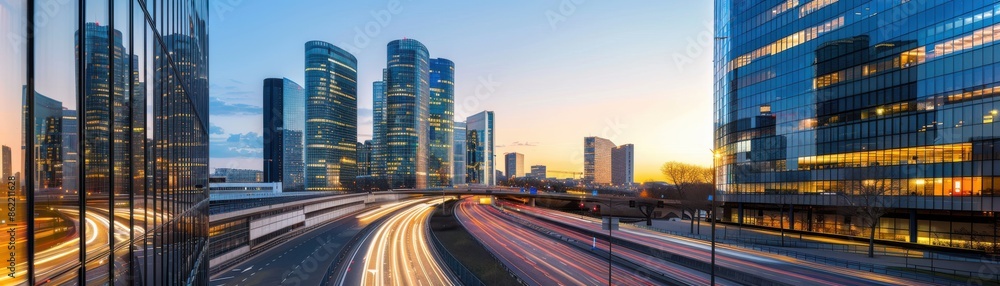 Modern cityscape with illuminated skyscrapers and light trails from traffic during dusk, showcasing urban life and architecture. Modern cityscape with illuminated skyscrapers and light trails from traffic during dusk, showcasing urban life and architecture.