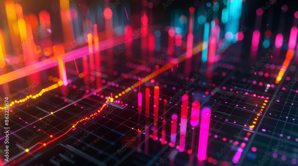 Abstract Digital Data Visualization with Neon Lights and Grid - 3D Render Abstract Digital Data Visualization with Neon Lights and Grid - 3D Render