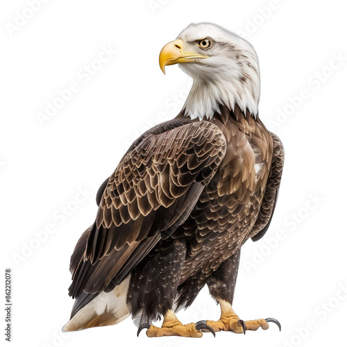 A large eagle is standing on a white background