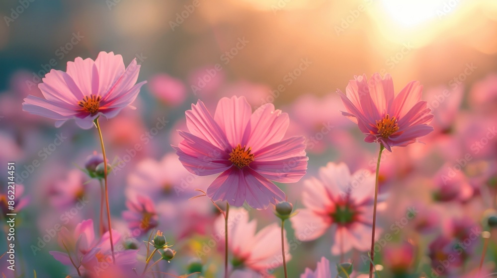 Pink Cosmos Flowers in the Sunset Light