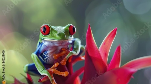 Red-eyed tree frog sitting on bromelia flower, red-eyed tree frog (Agalychnis callidryas) closeup . - AI generated