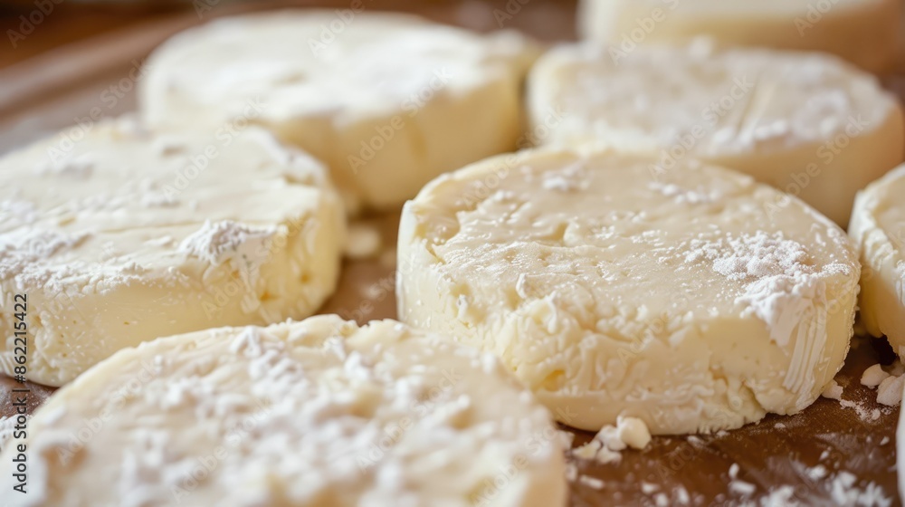 Round, dense slices of fermented cheese are waiting to be melted. AI generated Round, dense slices of fermented cheese are waiting to be melted. AI generated