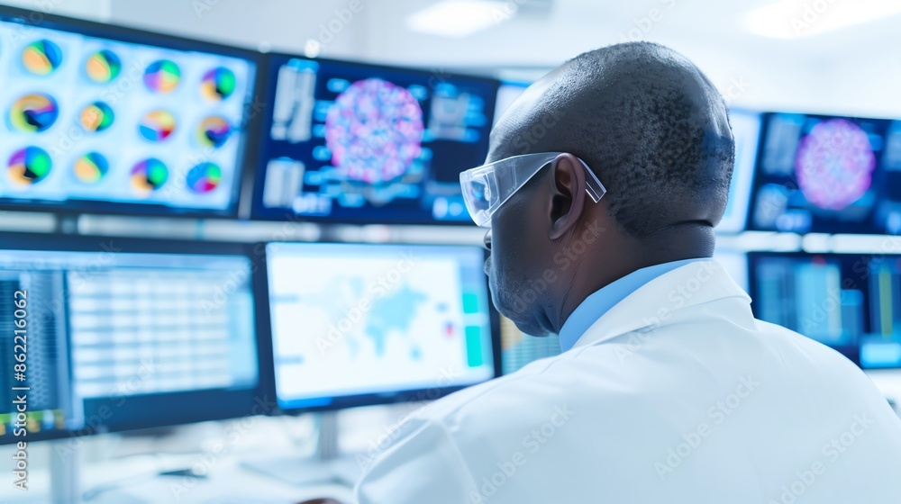 Scientist analyzing multiple data screens in laboratory, focusing on virus research and analysis, wearing safety goggles. Scientist analyzing multiple data screens in laboratory, focusing on virus research and analysis, wearing safety goggles.