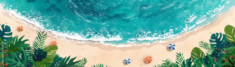 A beach scene with palm trees and umbrellas A beach scene with palm trees and umbrellas