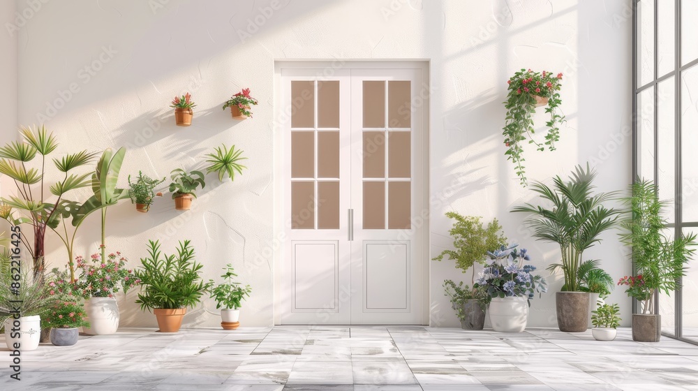 A white door with a window in the middle and a plant on the left side