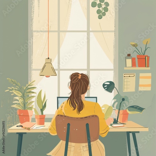 A woman is sitting at a desk with a laptop and a potted plant in front of her