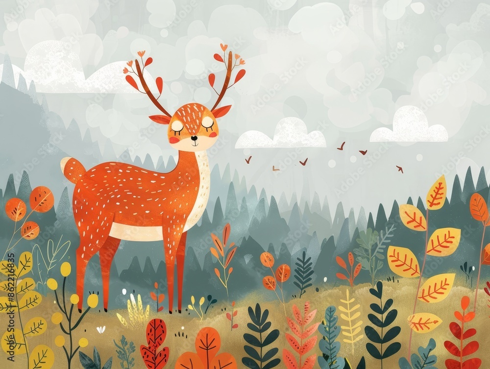A deer is standing in a field of flowers and leaves A deer is standing in a field of flowers and leaves