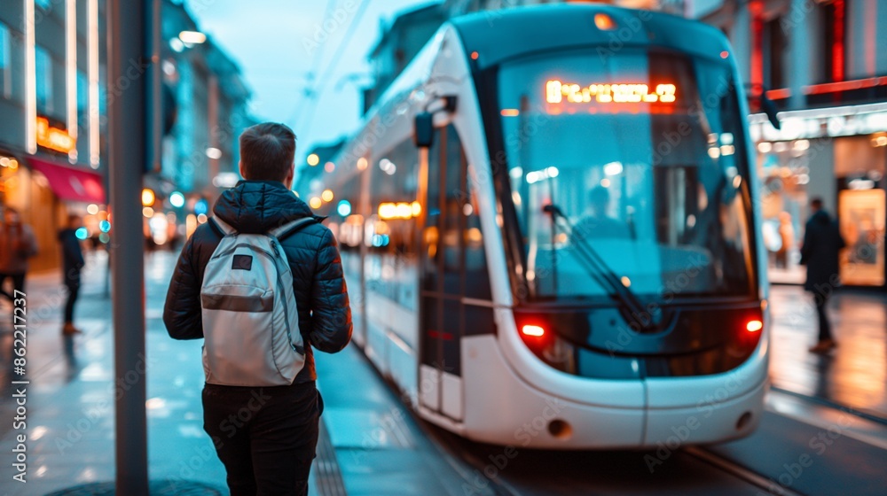 A person boarding a tram, with other passengers already seated inside and the tram moving through a city street. A person boarding a tram, with other passengers already seated inside and the tram moving through a city street.