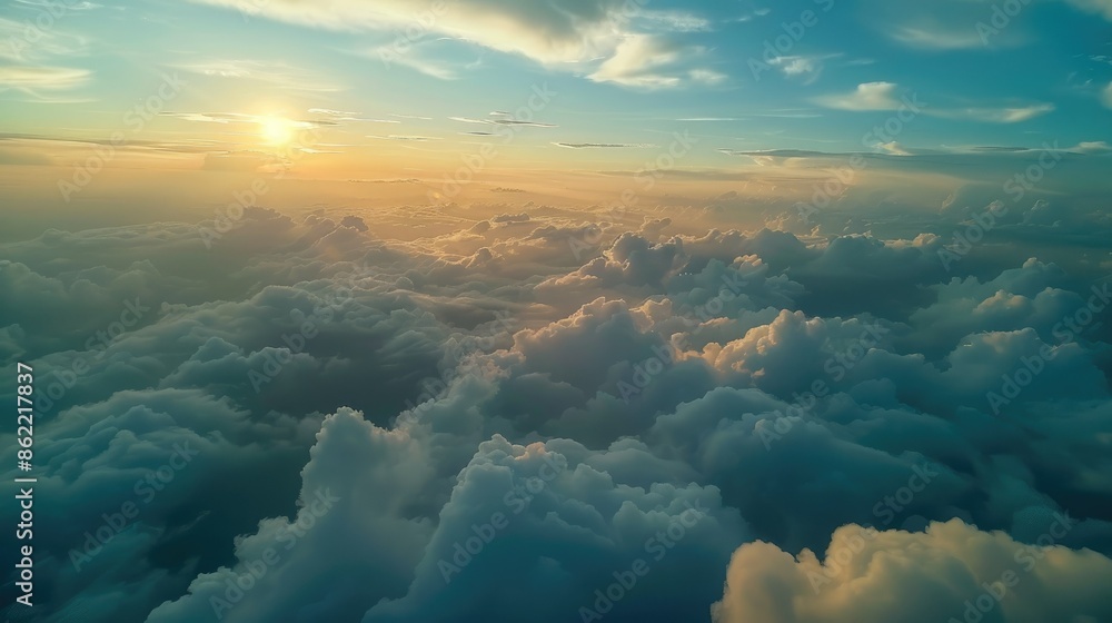 Naklejka premium Sunset on blue sky. Blue sky with some clouds. blue sky clouds, summer skies, cloudy blue sky background. Aerial sunset view. Evening skies with dramatic clouds. View over the clouds. AI generated .