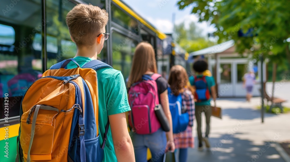Students boarding a university shuttle bus, heading to campus with backpacks and books. Students boarding a university shuttle bus, heading to campus with backpacks and books.