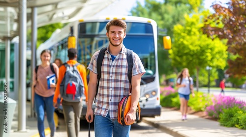 Students boarding a university shuttle bus, heading to campus with backpacks and books.