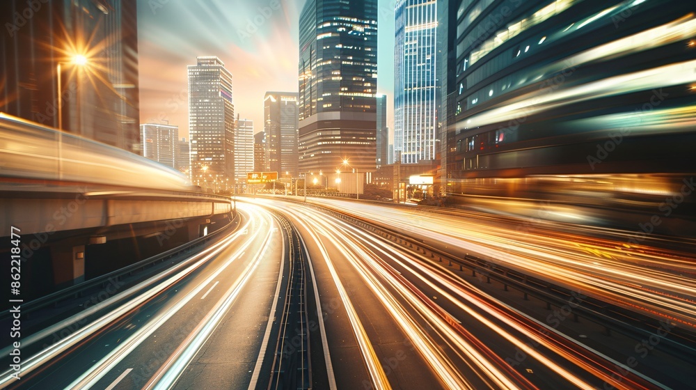 Fototapeta premium Traffic flow on evening highway in city with modern buildings.