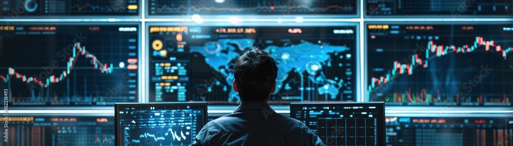 Person analyzing stock market data on multiple screens with graphs and world map in the background, focused on financial investment trends. Person analyzing stock market data on multiple screens with graphs and world map in the background, focused on financial investment trends.