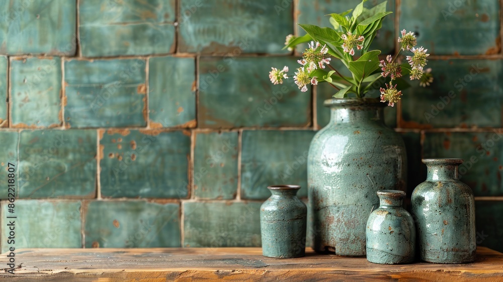 Soft green tiles with a faint, repeating floral motif Soft green tiles with a faint, repeating floral motif