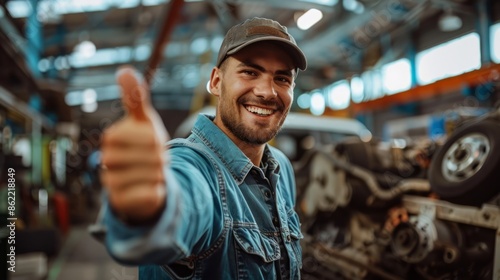 mechanic with a confident smile, giving a thumbs-up after completing an engine repair, in a garage that exudes a sense of satisfaction and accomplishment, surrounded by repaired vehicles