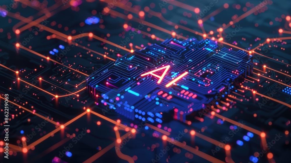 AI letters on dark tech background. Concept of artificial intelligence, circuit elements, technology and innovation AI letters on dark tech background. Concept of artificial intelligence, circuit elements, technology and innovation