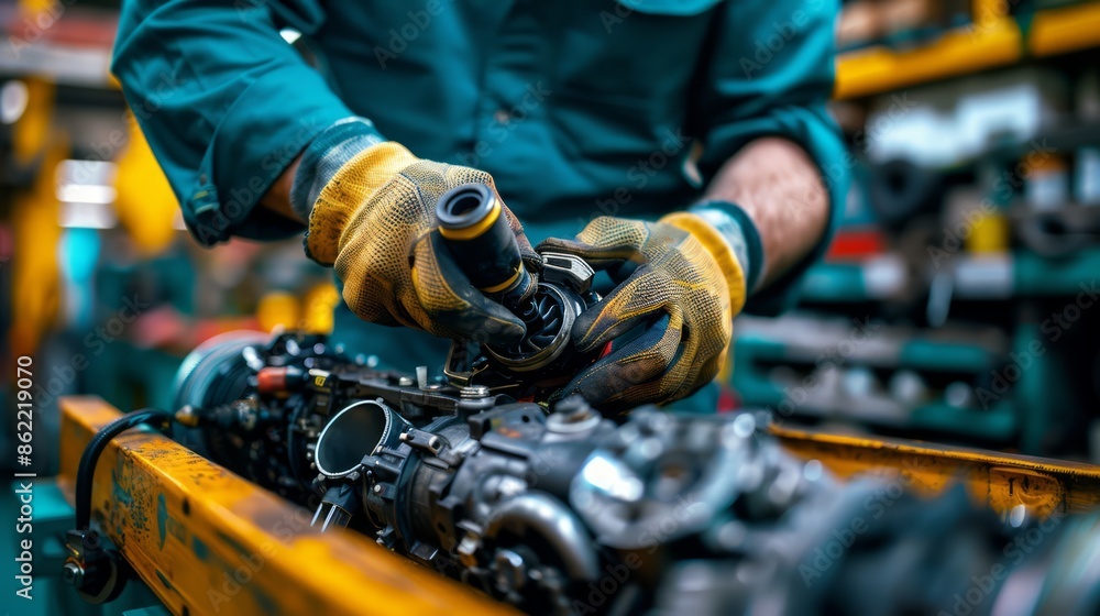 mechanic examining a disassembled engine on a workbench, identifying worn-out parts, in a garage that showcases a mix of traditional tools and modern diagnostic equipment mechanic examining a disassembled engine on a workbench, identifying worn-out parts, in a garage that showcases a mix of traditional tools and modern diagnostic equipment
