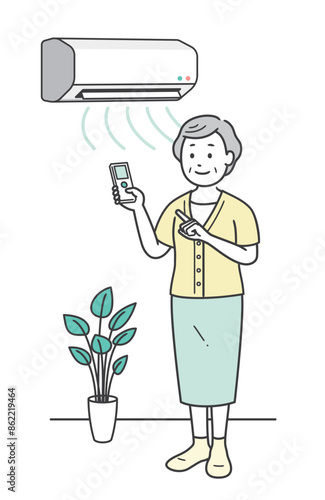 夏にエアコンをつけて室内の温度管理をする高齢女性のイラスト