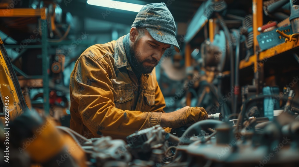 mechanic in a busy garage, multitasking between engine inspections and customer interactions, highlighting the dynamic and customer-focused nature of automotive repair work mechanic in a busy garage, multitasking between engine inspections and customer interactions, highlighting the dynamic and customer-focused nature of automotive repair work