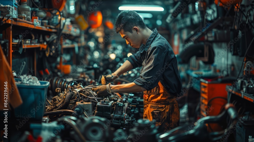 mechanic in a busy garage, multitasking between engine inspections and customer interactions, highlighting the dynamic and customer-focused nature of automotive repair work mechanic in a busy garage, multitasking between engine inspections and customer interactions, highlighting the dynamic and customer-focused nature of automotive repair work