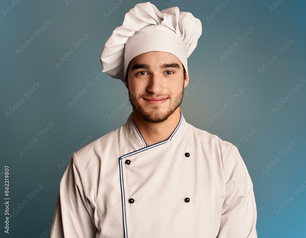 a male chef with blue background a male chef with blue background