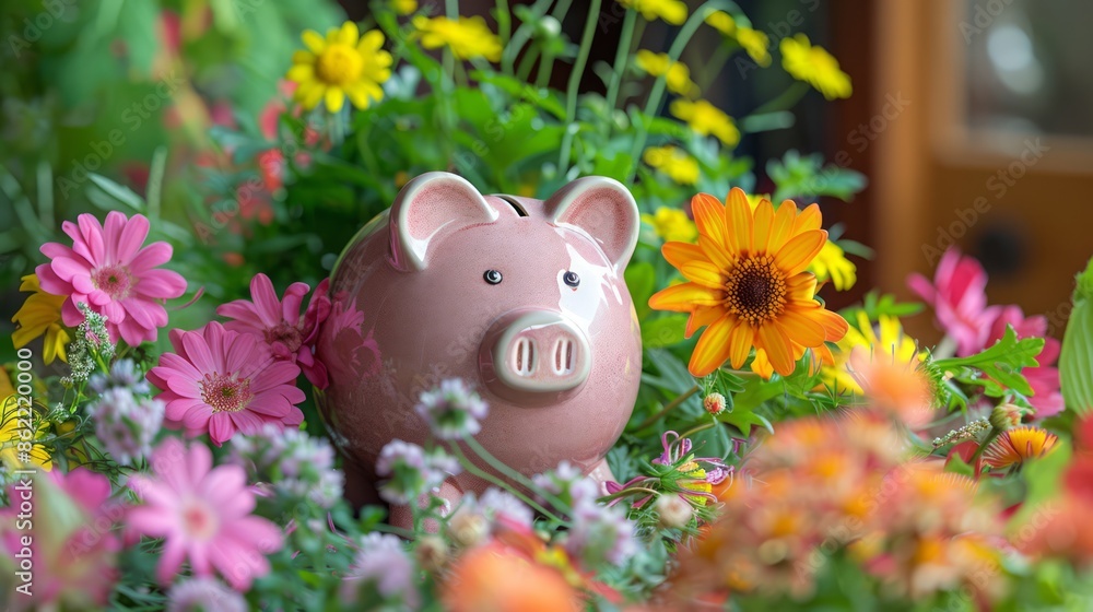 custom made wallpaper toronto digitalpiggy bank surrounded by blooming flowers, symbolizing growth and savings, with plenty of copy space for text