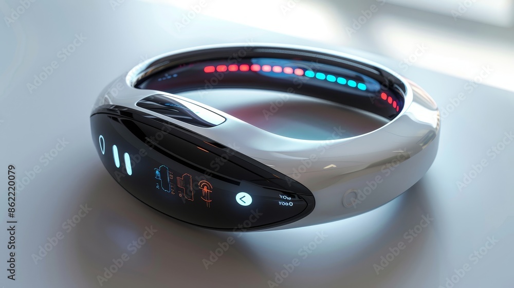 Innovative wristband with cutting-edge sensors, sleek and futuristic, displaying heart rate variability and personalized health data Innovative wristband with cutting-edge sensors, sleek and futuristic, displaying heart rate variability and personalized health data