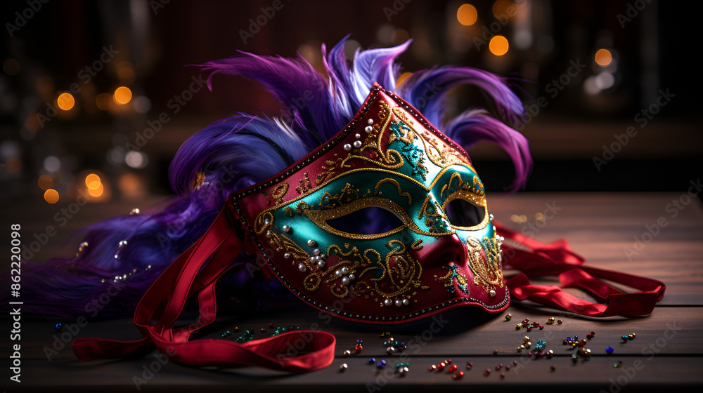 A vibrant carnival mask resting on a table, showcasing intricate designs and bright colors. A vibrant carnival mask resting on a table, showcasing intricate designs and bright colors.