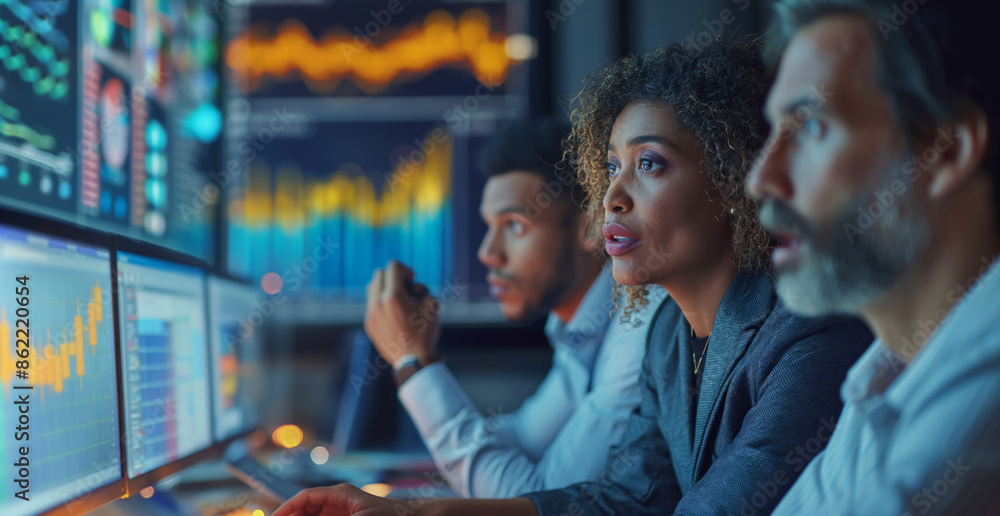 Obraz premium Three diverse business professionals analyzing financial data on multiple screens in a modern office