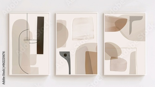 A set of three abstract art posters with minimalistic designs, positioned side by side on a white wall. Each poster features abstract forms in neutral colors, with a focus on negative space and clean