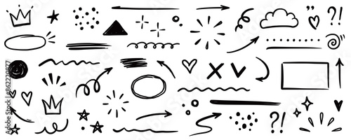 Line shape marker underline, arrow, heart brush element set. Hand drawn sketch marker underline shape, arrow, heart scribble brush pen stroke element. Crown, love graphic icon. Vector illustration