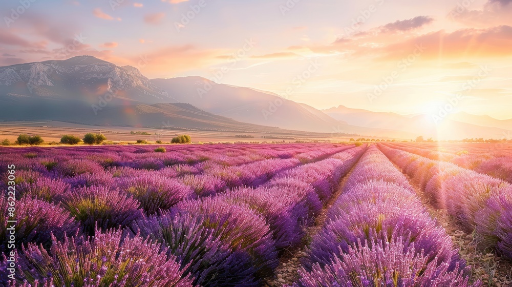 Sunrise over a vibrant lavender field with a beautiful mountain range in the background. Perfect for nature, landscape, and travel themes. Sunrise over a vibrant lavender field with a beautiful mountain range in the background. Perfect for nature, landscape, and travel themes.