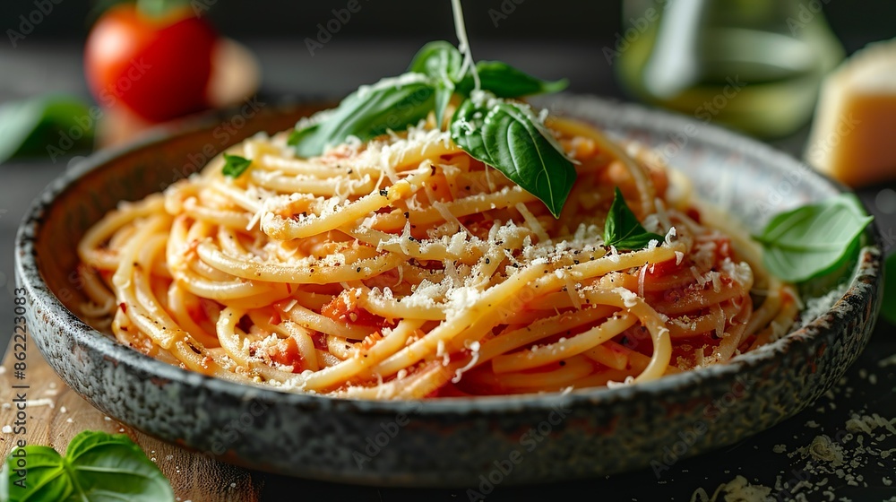 Cuisine Exquisite Italian pasta dish with rich tomato sauce, grated parmesan cheese, and fresh basil leaves, presented on a rustic wooden table. Illustration, Minimalism, Cuisine Exquisite Italian pasta dish with rich tomato sauce, grated parmesan cheese, and fresh basil leaves, presented on a rustic wooden table. Illustration, Minimalism,