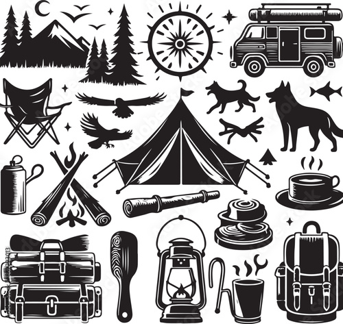 Vintage camping and outdoor adventure Hiking Tool Set elements flat silhouette style collection