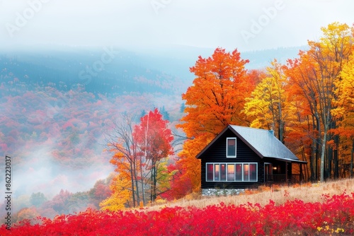 Charming black cabin amid vibrant fall foliage with red, yellow, and orange trees in a misty, serene hillside landscape. © AshrofS