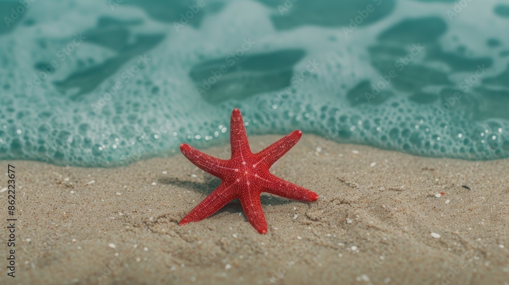 A vibrant red starfish on sandy beach with gentle waves in the background, capturing a serene coastal scene A vibrant red starfish on sandy beach with gentle waves in the background, capturing a serene coastal scene