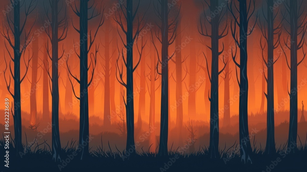 Fototapeta premium A vivid illustration of a forest fire with raging flames illuminating the dark trees, creating a dramatic and intense scene.