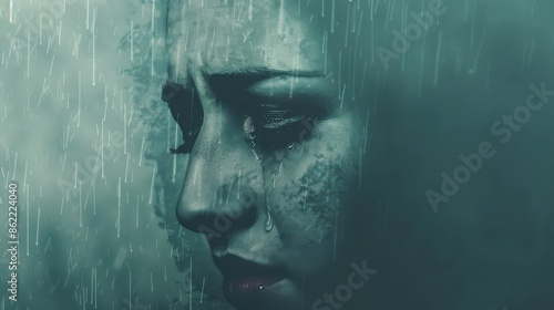 Artistic portrait of a woman with a melancholic expression in the rain, emphasizing emotions and the beauty of sadness. photo