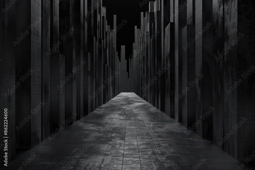 Fototapeta premium Eerie dark corridor with tall black pillars creating a haunting and mysterious atmosphere, suitable for backgrounds or conceptual art.